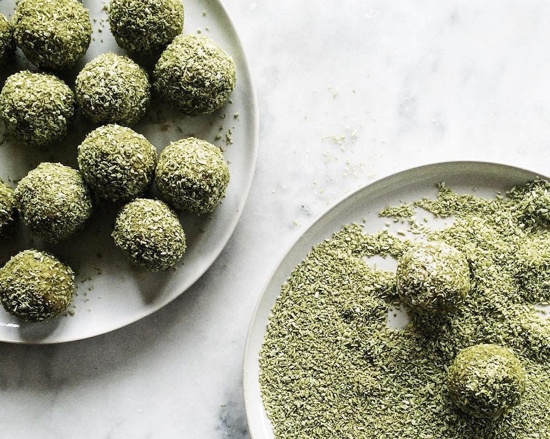 No tricks in these matcha treats! Coconut Vanilla Matchaful Protein Bliss Balls.