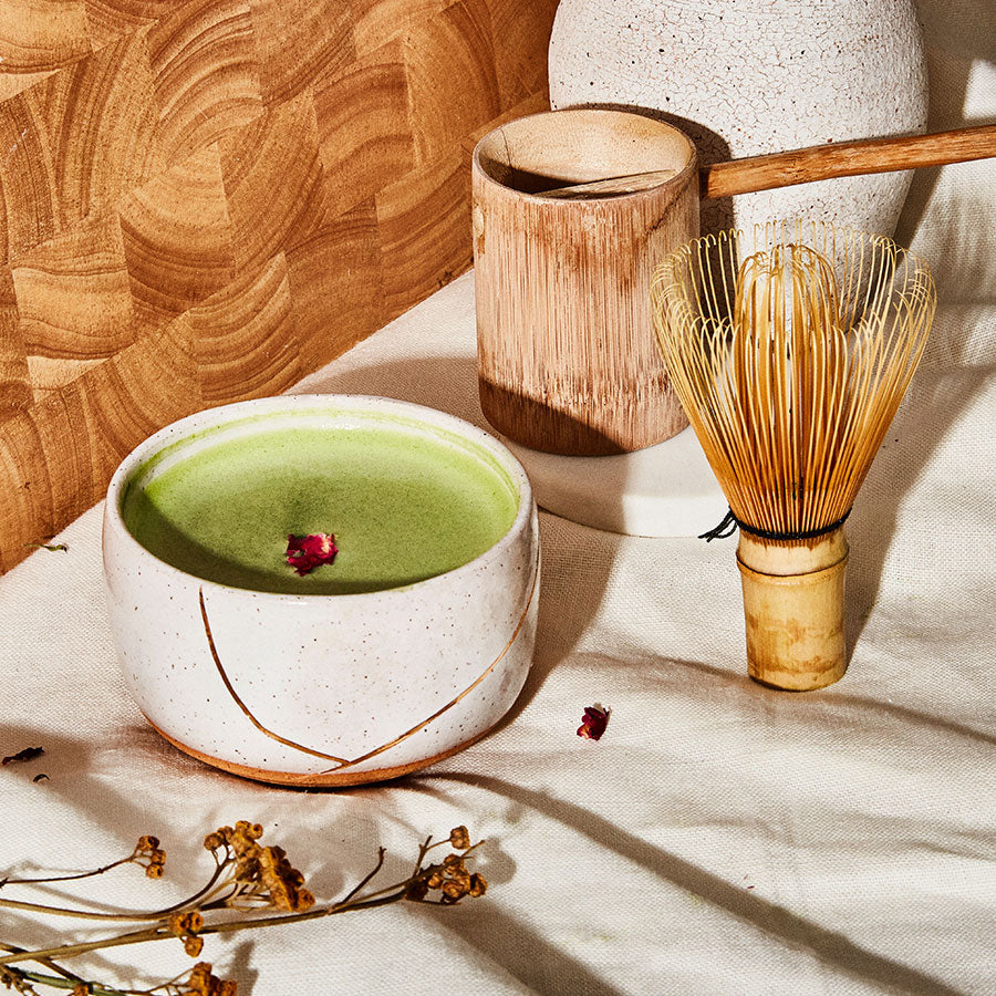 Objects for matcha rituals, including chawan, whisk, and scoop