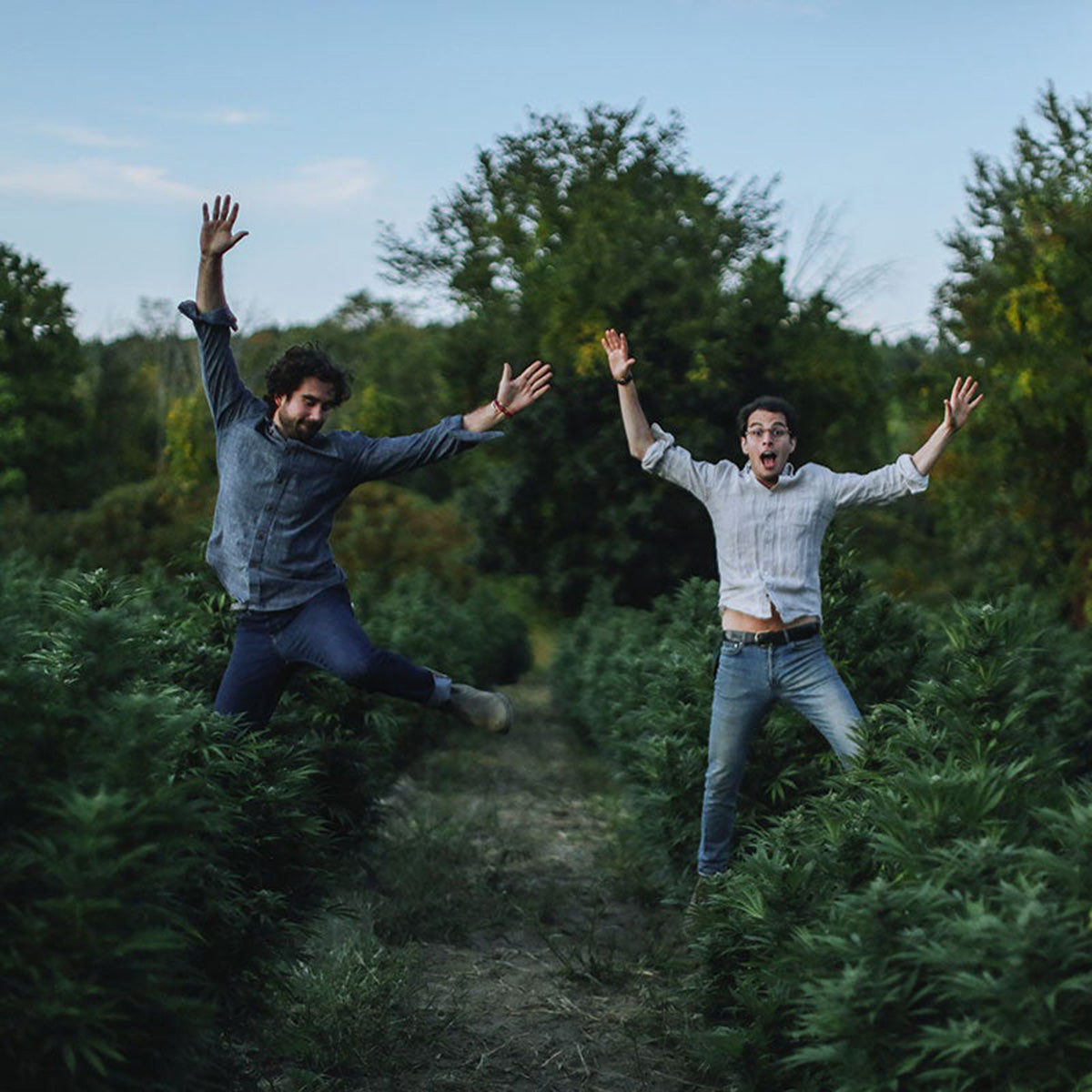 Two founders of Plant People jumping mid-air in the woods surrounded by trees
