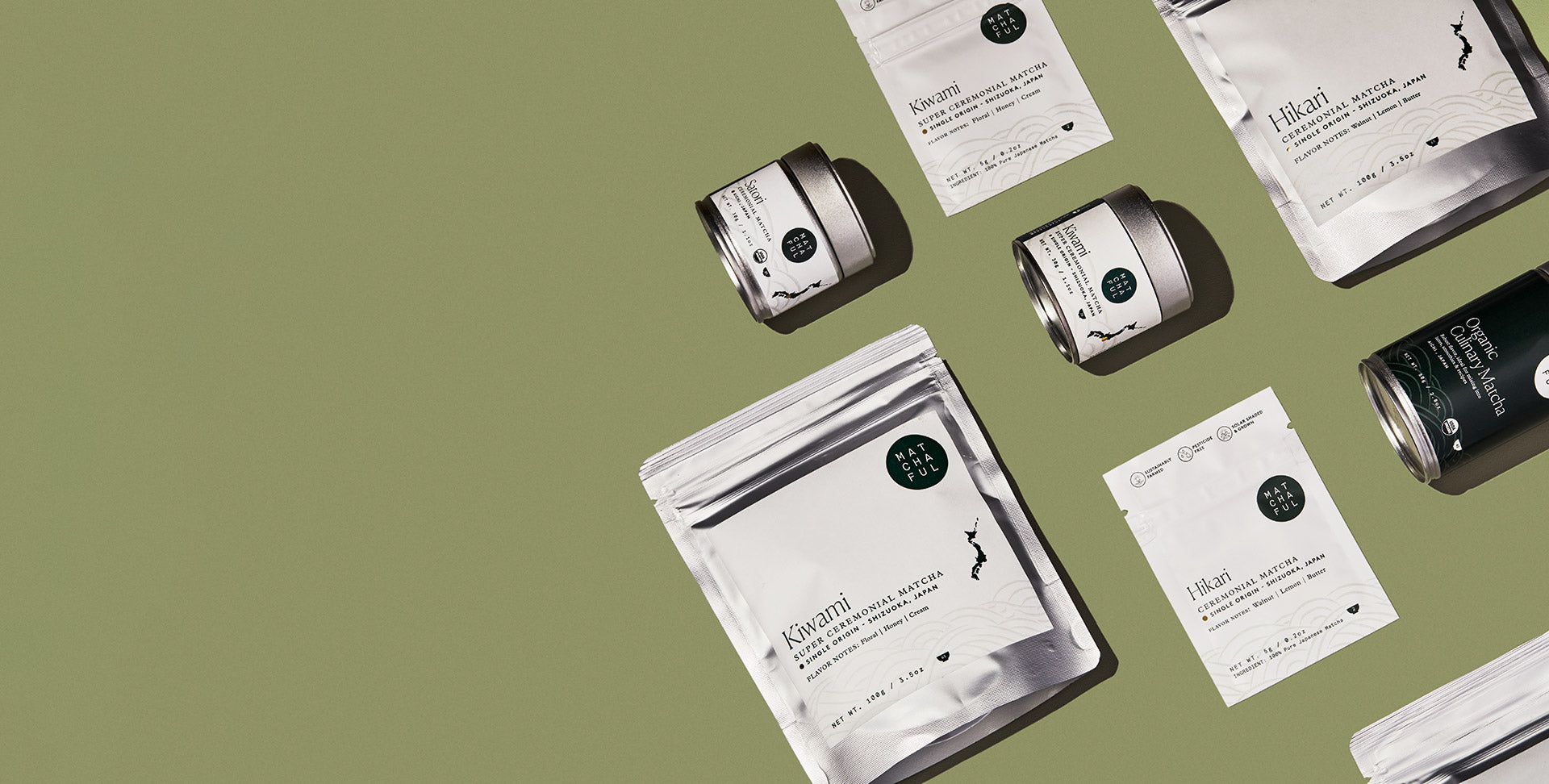 Arrangement of various Matchaful matcha grades and sizes