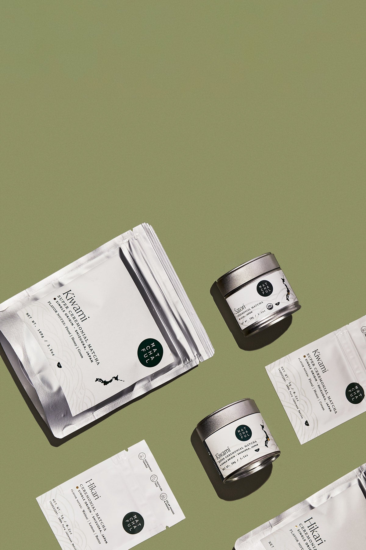 Arrangement of various Matchaful matcha grades and sizes