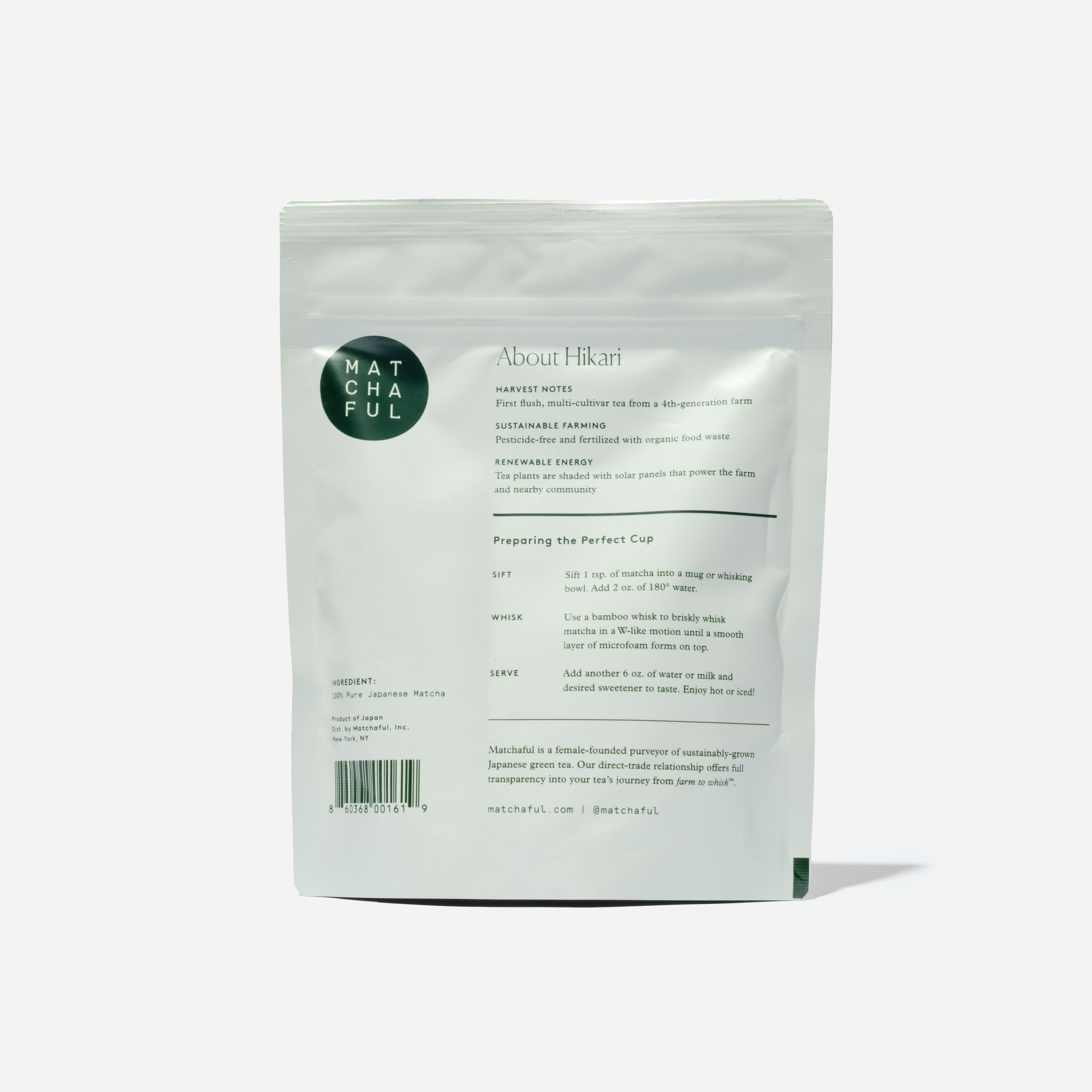 Matchaful Hikari ceremonial matcha packaging on a white background