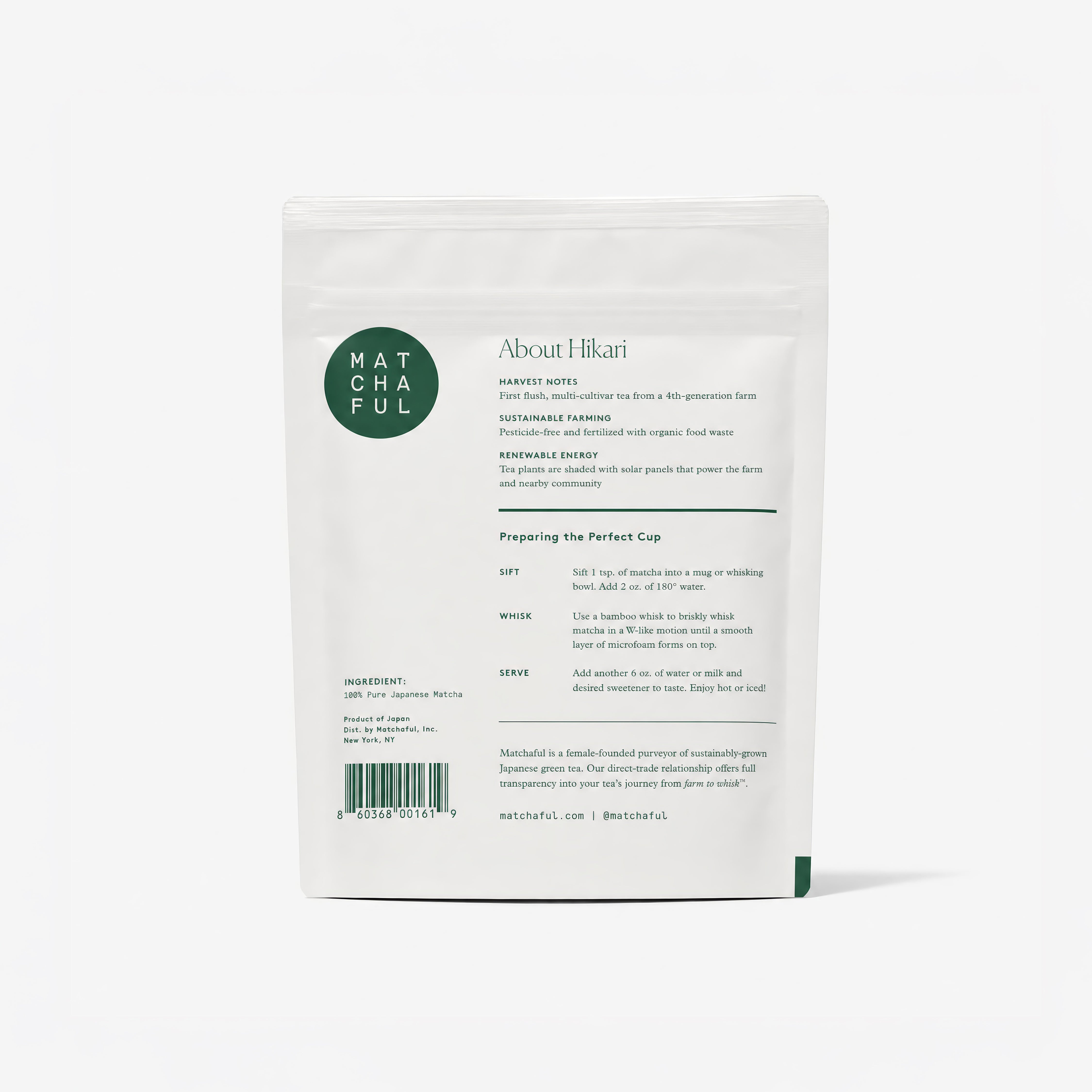 Matchaful Hikari ceremonial matcha packaging on a white background