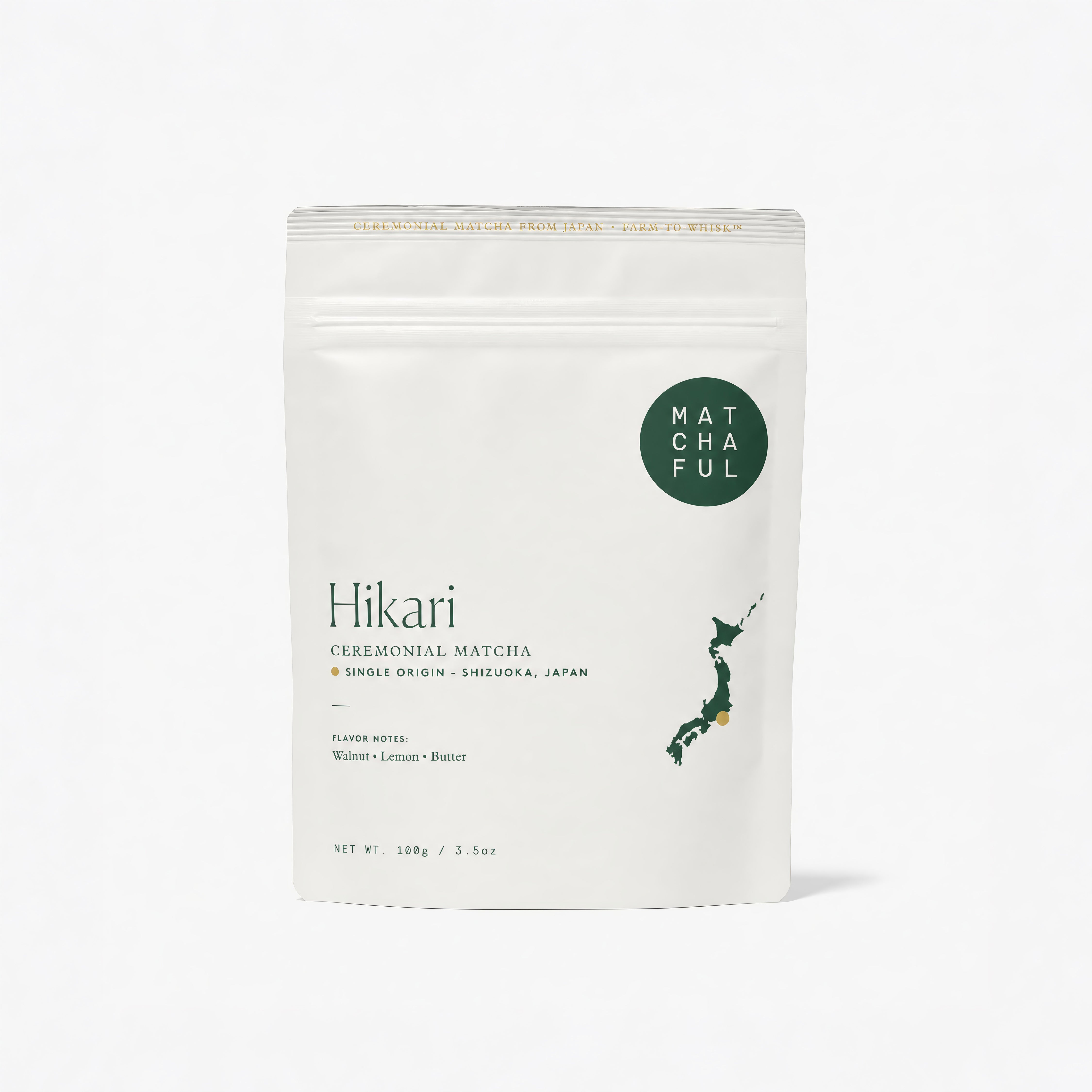 Matchaful Hikari ceremonial matcha packaging on a white background