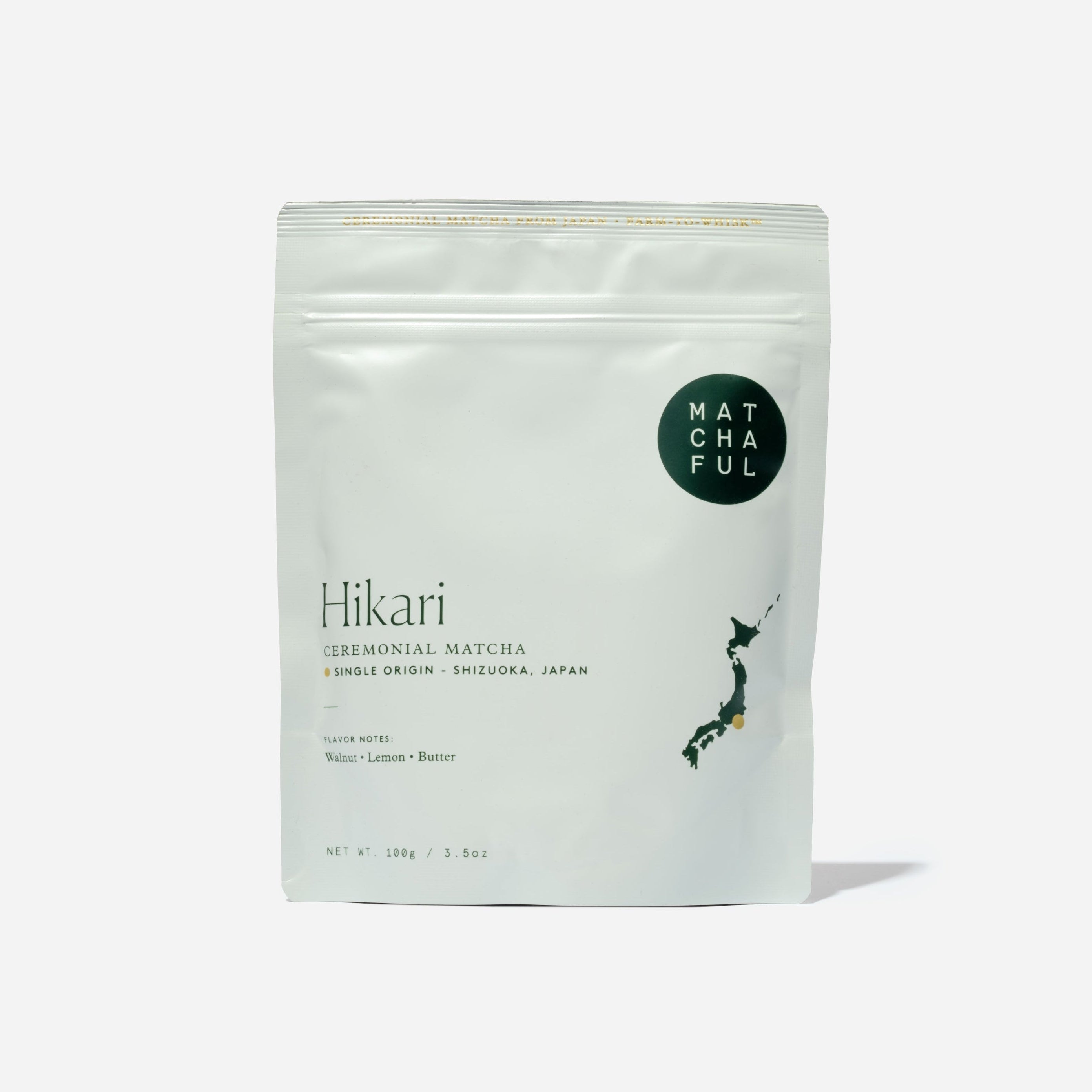 Matchaful Hikari ceremonial matcha packaging on a white background