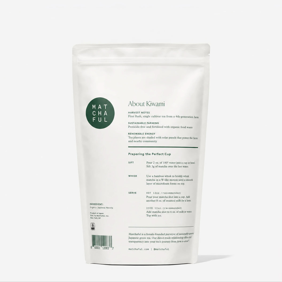 Organic Kiwami Matcha - Back of Bag