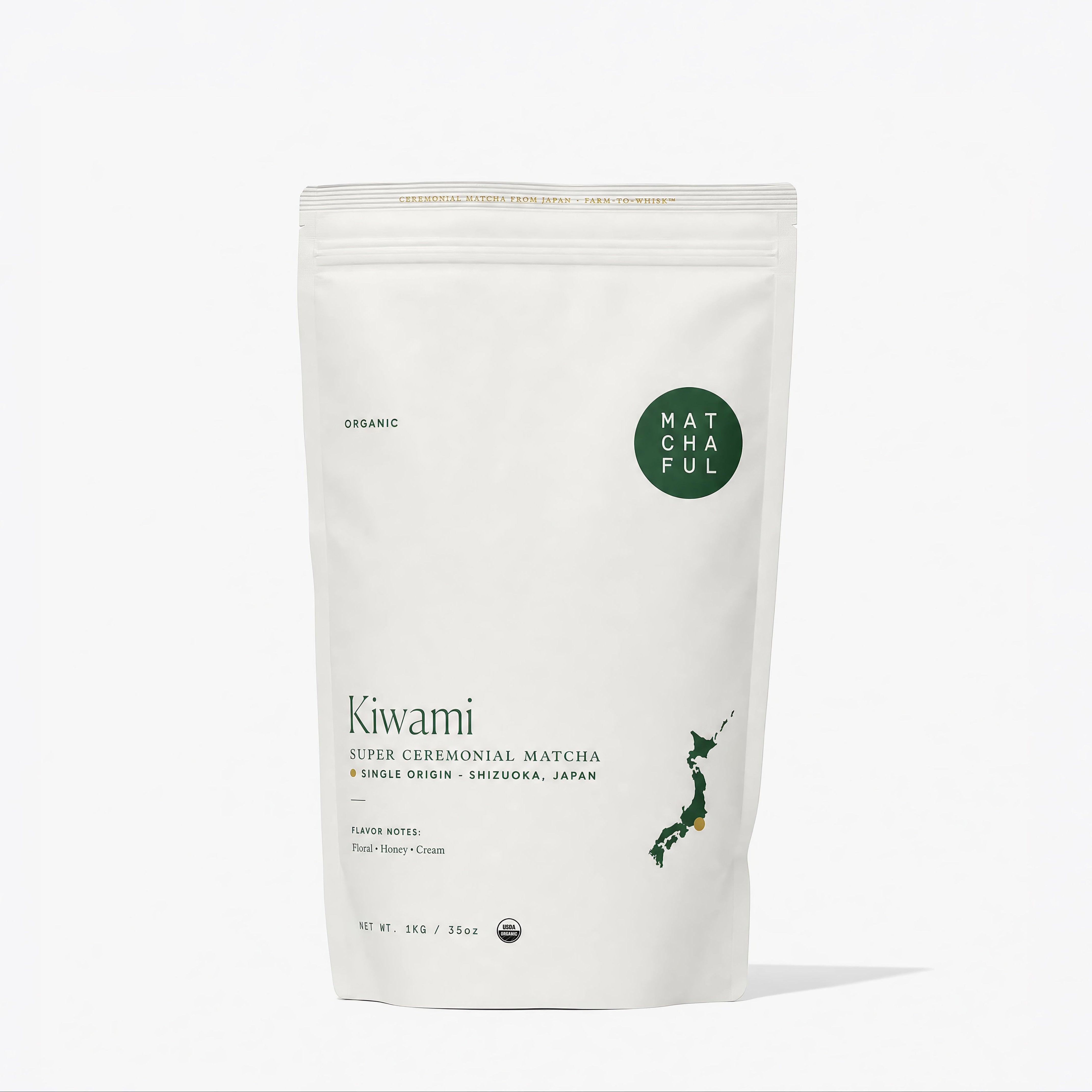 Kiwami matcha powder package on a white background